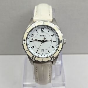 Womens Timex Premium Date Watch White Silver WR50M Rotating Bezel New Battery